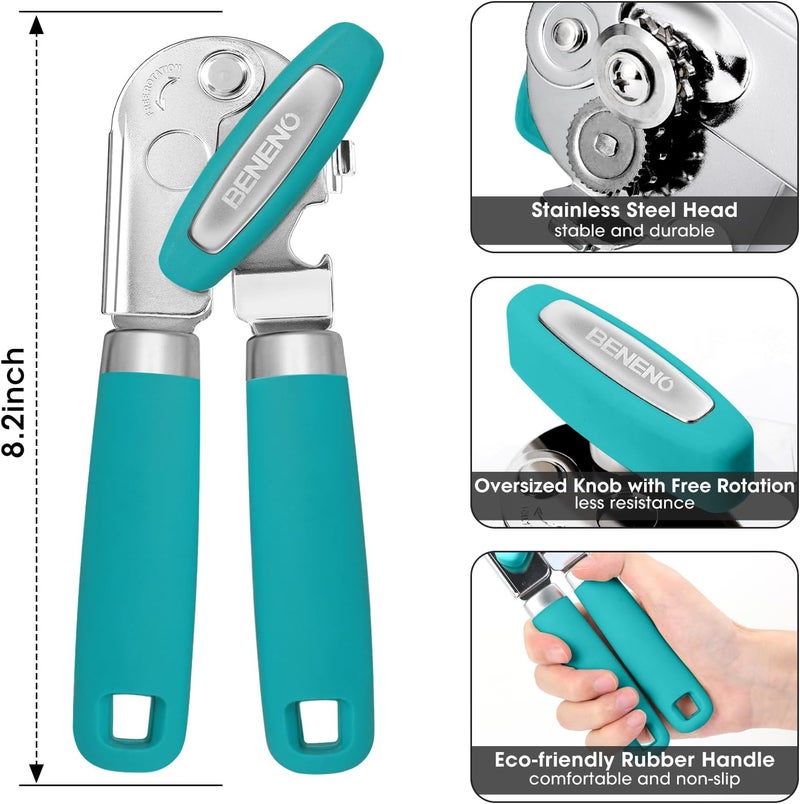 Beneno Heavy Duty Hand Can Opener Manual with Magnet, Durable Sharp Carbon Steel Blade Smooth Cutting, Big Effort-Saving Knob & Soft Grip Handle, Multifunctional Bottle Opener, Turquoise - Image 2